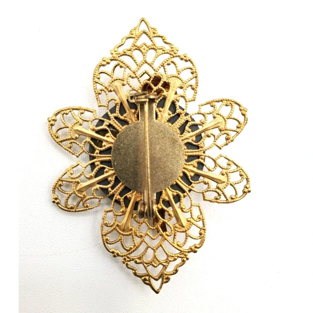 Vintage Cherub Mirror Brooch Gold Tone Filigree Putti Angel Victorian Revival